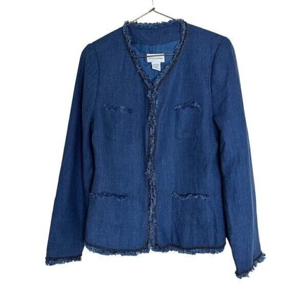 SOFT Surroundings Blue Linen Chain and Raw Fringe Hem Jacket Women’s Size Small - Picture 1 of 11